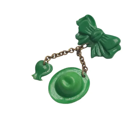 St. Patrick's Day Green Shamrock Leprechaun Hat Bow Brooch Pin VTG - Picture 3 of 5